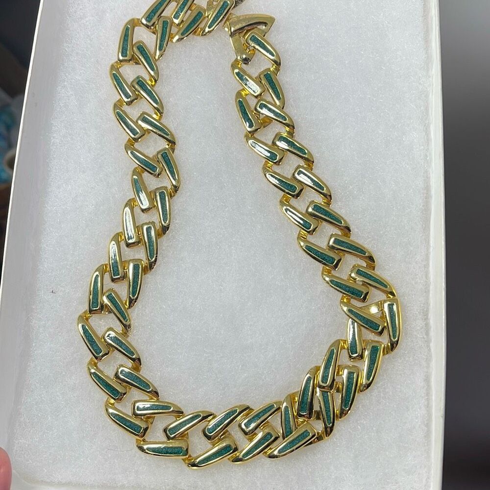 Vintage large chain link necklace green glittery enamel necklace.